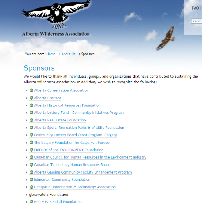 Screenshot of List of Sponsors from AWA website (1/2) as it appeared in July 2014